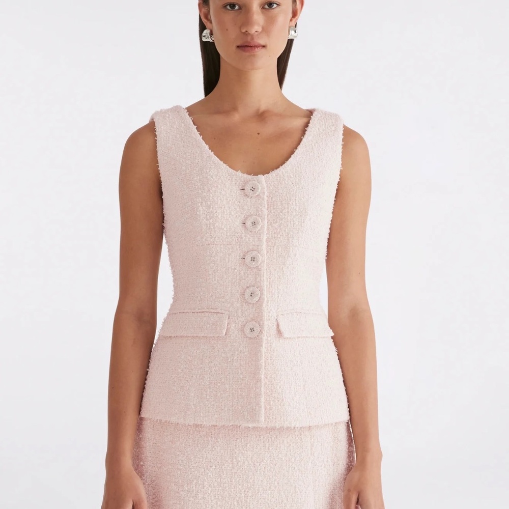 Anna Quan Pale Pink Bouclé Button-Down Sleeveless Top